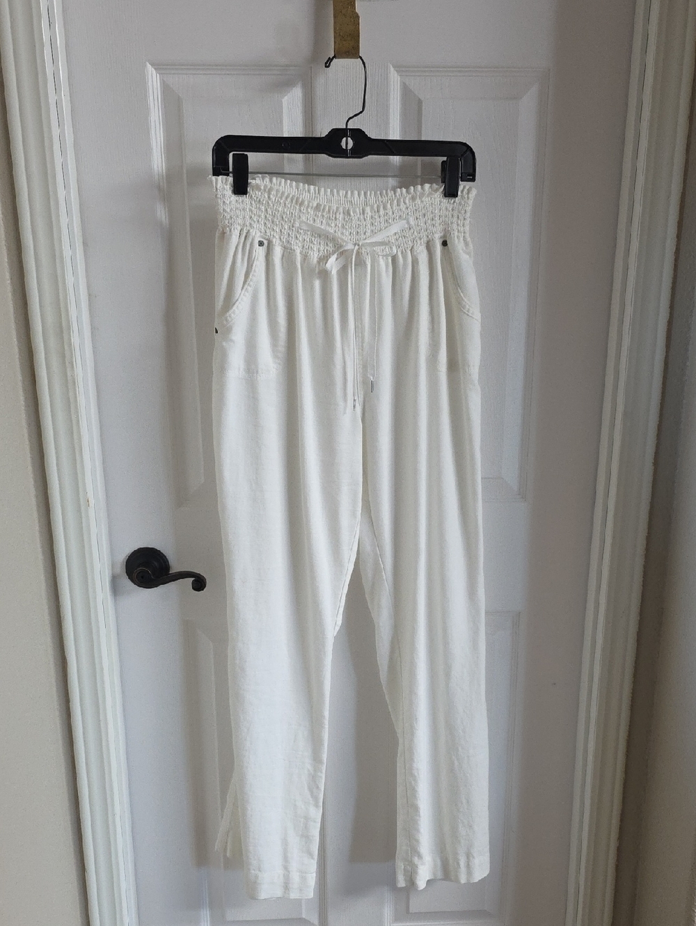 (XL) White Smocked High-Waist/Flare/Beach/ Casual Pants